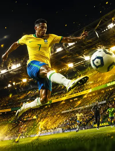 Brazil 2026 winger mid-air shot action football photo