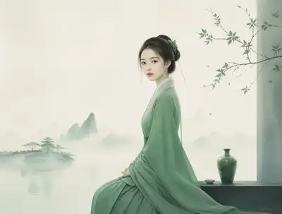 Minimalist oriental zen illustration, half-realistic figure