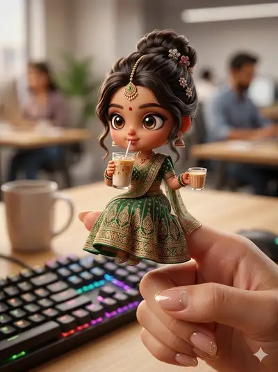 Chibi Doll on Finger with Iced Latte