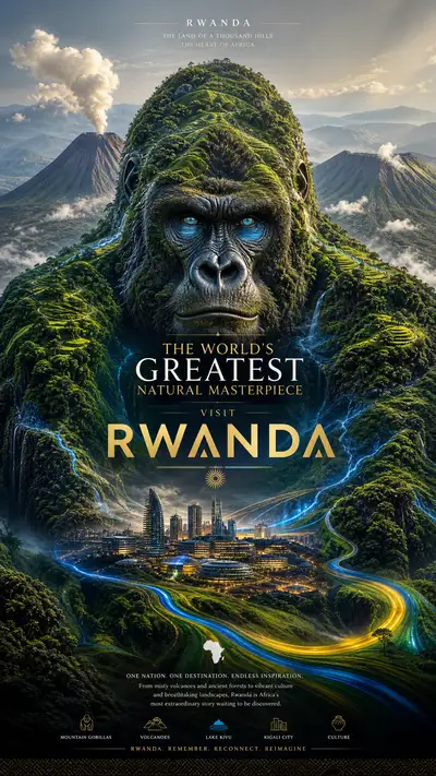 Rwanda tourism poster shaped like a living gorilla