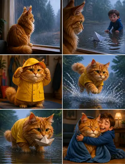 Storyboard de um gato Maine Coon resgatando um barquinho de papel