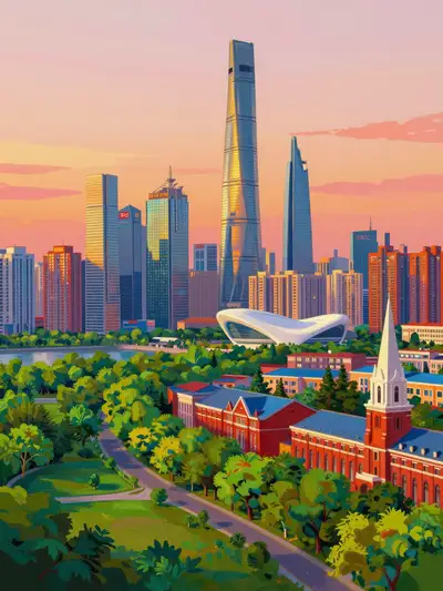 Vibrant Digital Illustration of Modern City Skyline at Sunset