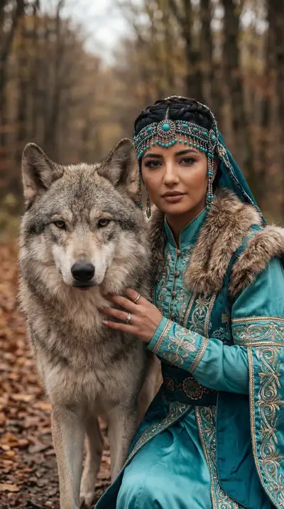 Photorealistic Turkic Woman with Wolf Companion