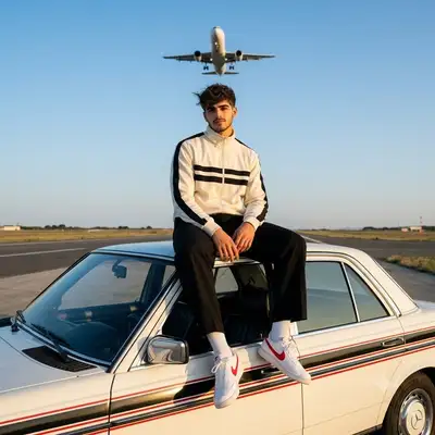 Cinematic rooftop portrait beside runway at golden hour