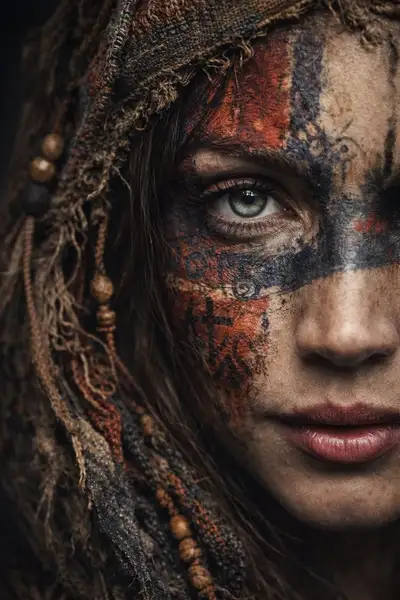 Extreme close-up portrait with tribal face markings