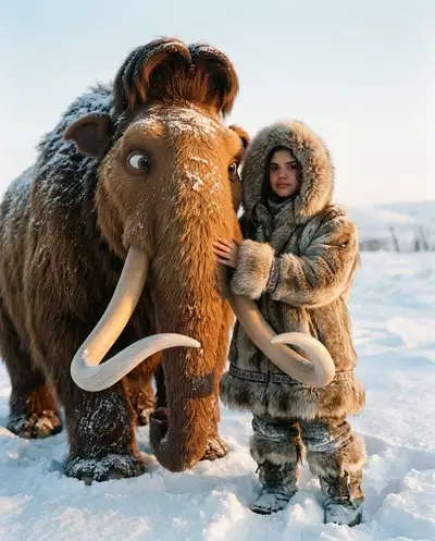 Retrato em tundra nevada ao lado de um mamute lanoso animado
