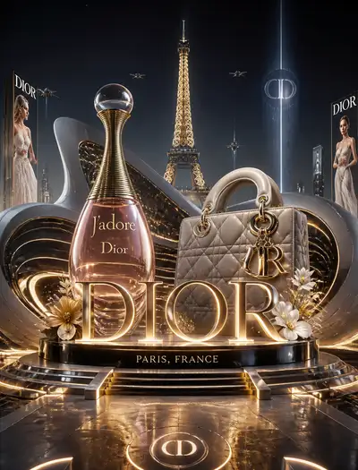 Futuristic luxury brand installation set at an iconic landmark