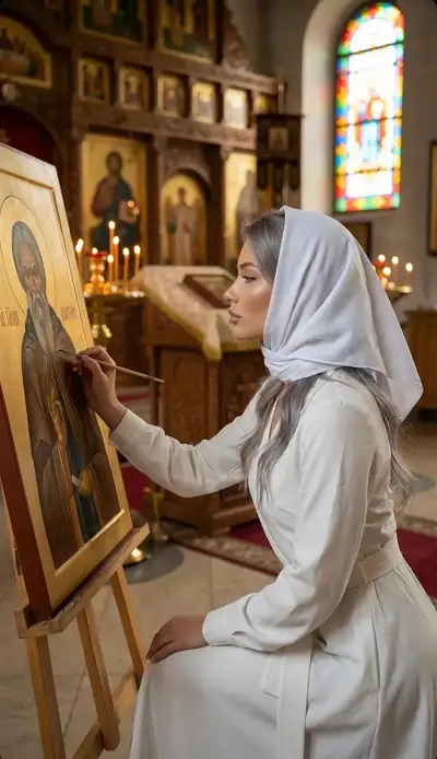 Woman painting an Orthodox icon in a candlelit church