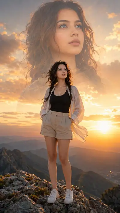Portrait en double exposition de coucher de soleil en montagne avec reflet du ciel