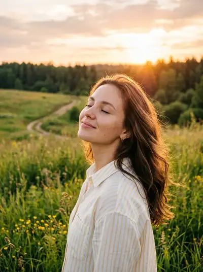 Retrato Cinematográfico de una Chica en la Hora Dorada en la Naturaleza