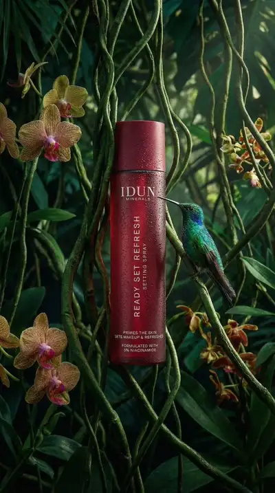 Cosmetic Spray Bottle in a Rainforest Scene with Hummingbird