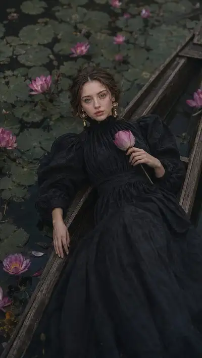 Avant-garde editorial portrait of a woman in a boat among lotus flowers