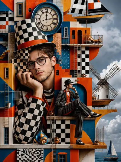 Escher-artiges Schachbrettstadt-Surrealismus-Collage-Porträt
