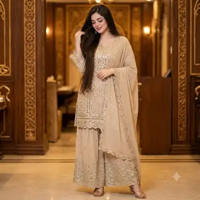 Beige Embroidered Sharara Set Portrait