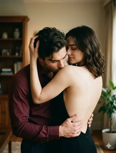 Romantic shoulder-kiss couple photo prompt for your own faces