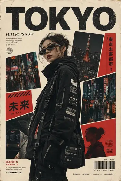 Portada de revista editorial con collage de subject y viajes