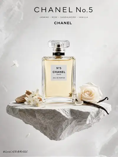 Chanel No.5 floating-stone fragrance poster