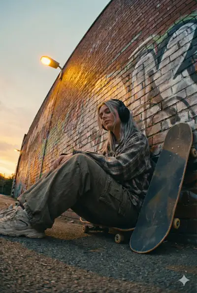 Urban skater girl portrait at dusk beside graffiti wall