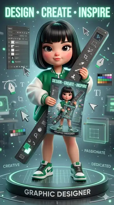 Stylized 3D Poster of Futuristic Female Graphic Designer