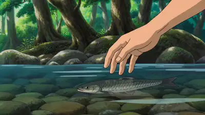 Anime-artige Flussufer-Kochszene mit frisch gefangenem Fisch