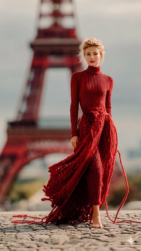 Eiffel Tower wrapped in red yarn, Nano Banana 2