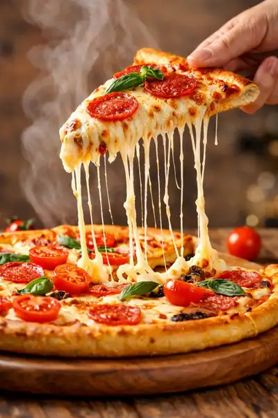 Cinematic cheese-pull pepperoni pizza slice