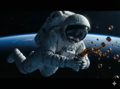 Astronaut spilling coffee in zero gravity above Earth