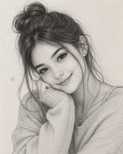 Pencil Sketch Portrait of Smiling Woman