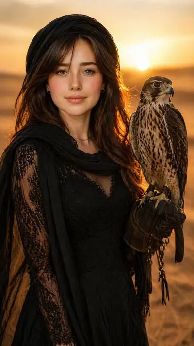 Falconry Portrait in Desert at Golden Hour