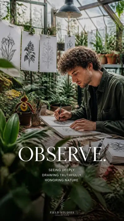 Illustrateur botanique dessinant dans une serre lumineuse