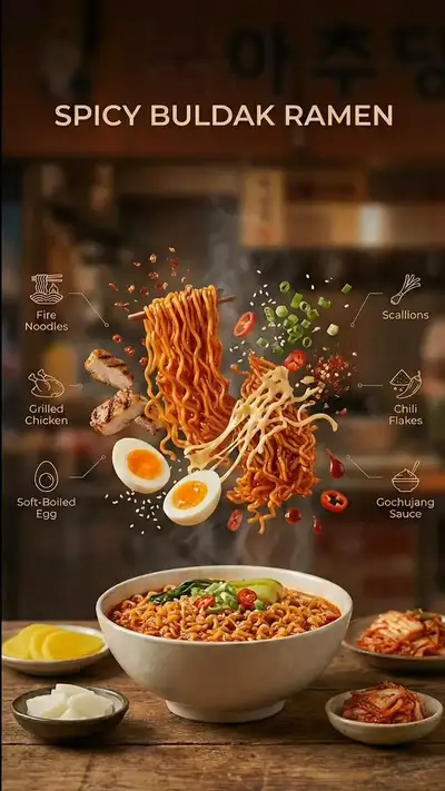 Kinematografische Werbefotografie von scharfem Buldak-Ramen