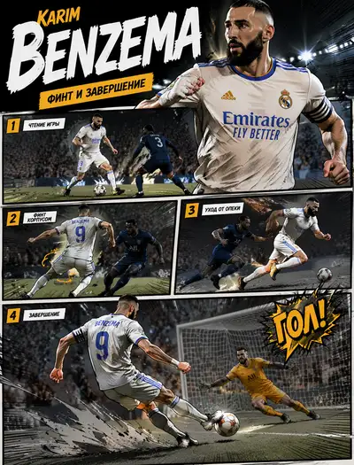 Karim Benzema comic-style finish and feint illustration