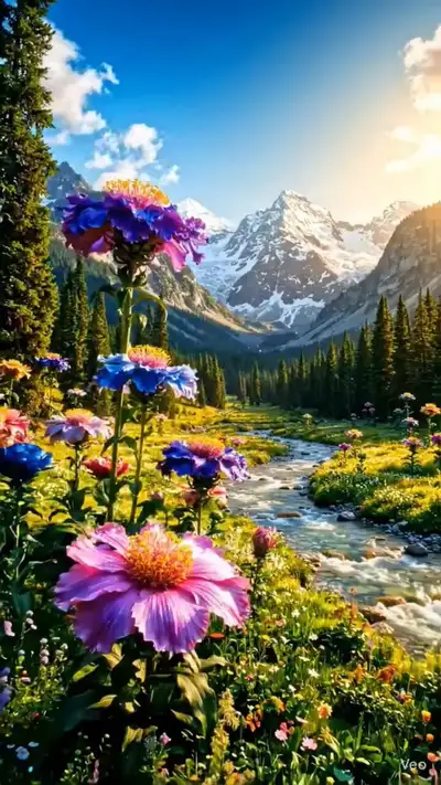 Fantasy Alpine Valley with Giant Colorful Flowers and Flowing River