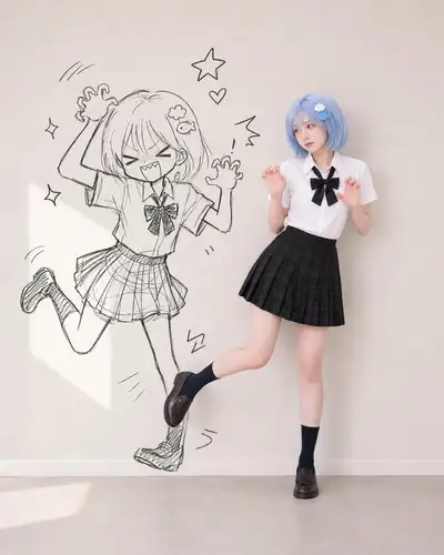 Echte Person mit einem schwarzen Doodle-Schatten in einer gemeinsamen frechen Pose