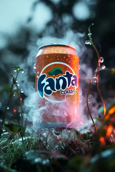 Canette Fanta dans une forêt infernale envahie par la végétation - Prise de vue produit cinématographique
