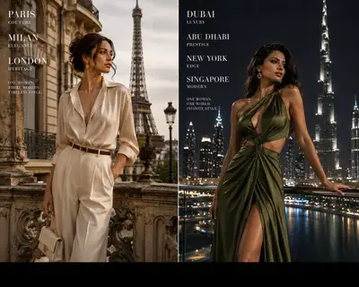 Editorial de moda de luxo em tela dividida com duas cidades