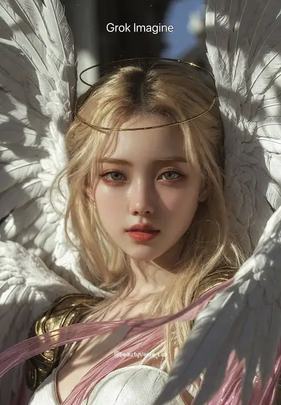 Retrato editorial de ídolo K-pop guerrero angelical con alas