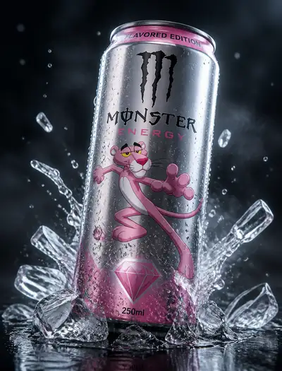 Pink Panther Themed Soda Can Product Render