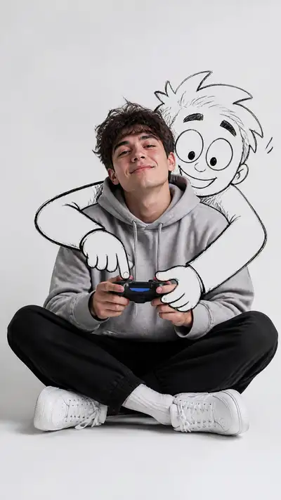 Minimalist gamer portrait with playful doodle character