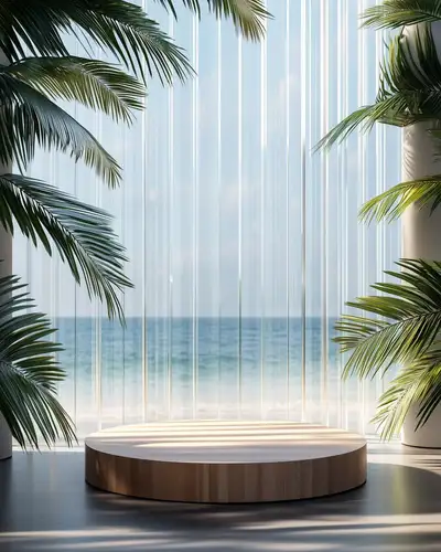 Produktdisplay mit Holzpodest und Ozean-Kulisse