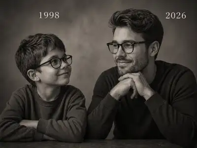 Childhood vs present-day side-by-side portrait, GPT image