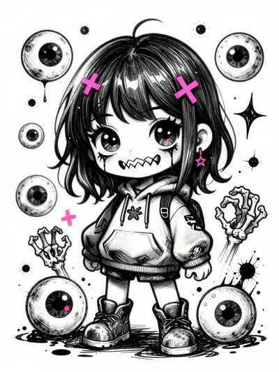 Chibi Horror Girl Ink Sketch With Neon Splatter Accents