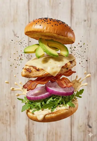 Professioneller Food-Fotografie-Prompt für einen schwebenden Burger