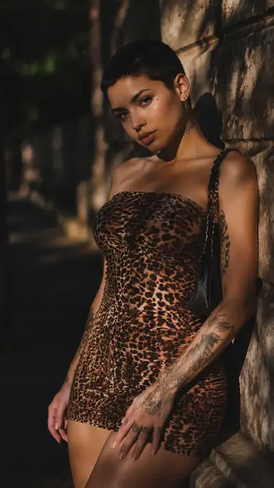 Editorial fashion portrait in tiger pattern outfit against stone wall