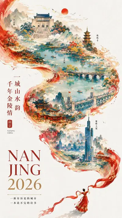 Chinese New Year city poster with a silk ribbon transforming into a river map