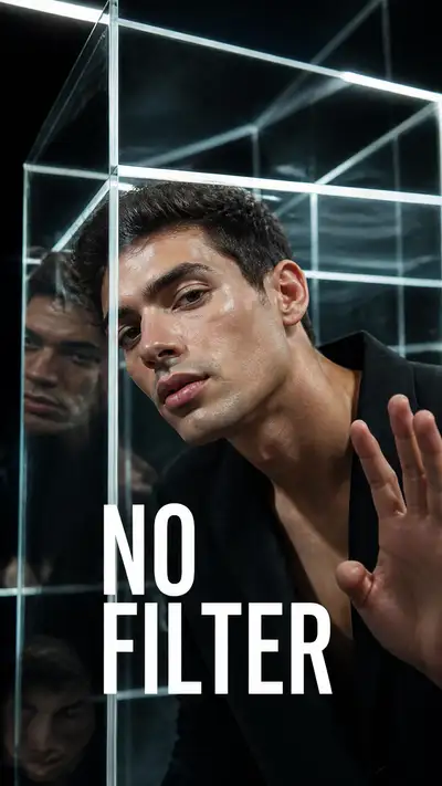 Glass cube editorial portrait titled No Filter