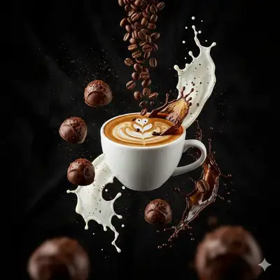 Cinematic frozen splash photography of coffee beans and espresso