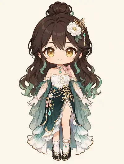 Chibi three head tall fantasy character with floral accessories