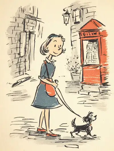 1950s French Children's Book Illustration of Girl Walking Dog