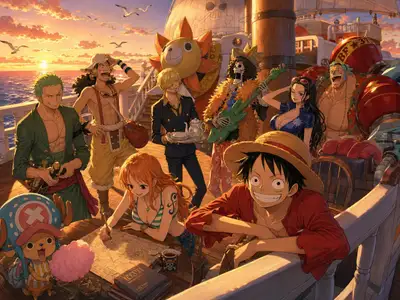 Straw Hat Crew on Thousand Sunny at Golden Hour